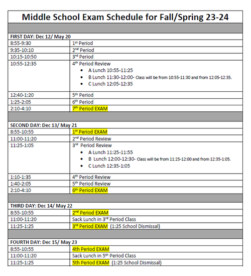 Middle School Exam Schedule
